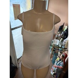 White Ribbed Lace Up Side One Piece Swimsuit Square Neck Scoop Back